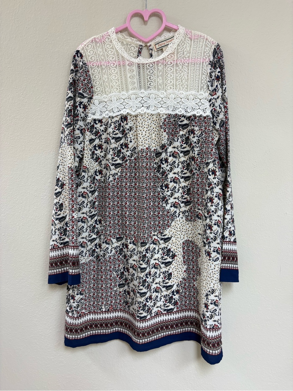 Flying Tomato Cream Patchwork Lace-Yoke Long Sleeve Dress with Navy Trim